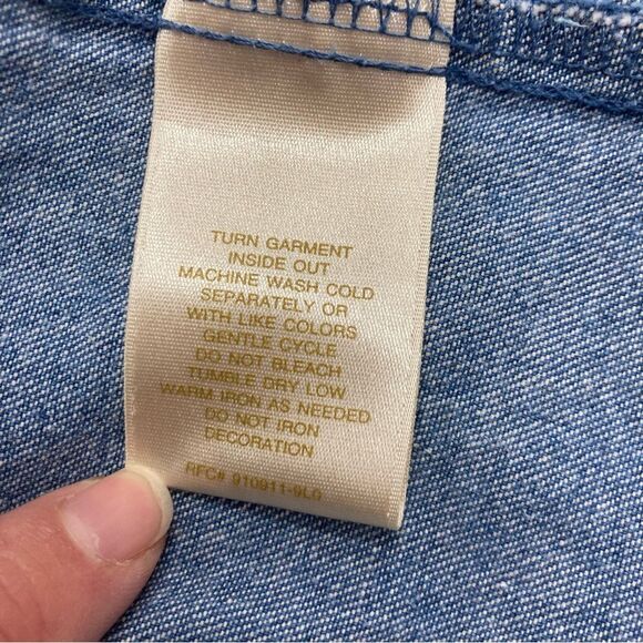 Bobbie Brooks Shirt SZ L Embellished Denim Shacket Embroidered Flowers Patches - Picture 6 of 8